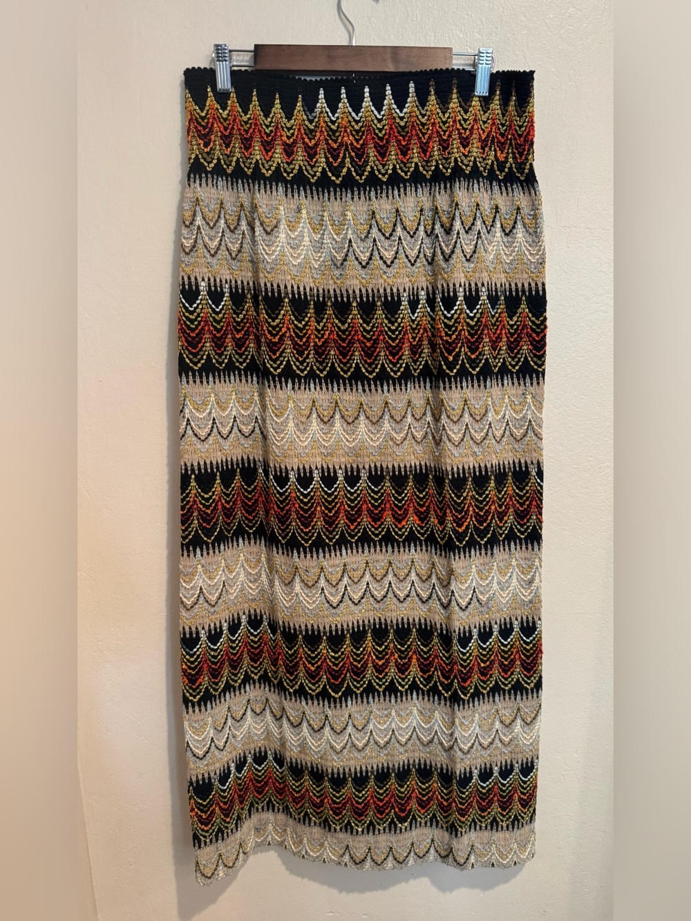 Vintage Knit Maxi Skirt w/ Chevron Patterns in Shimmering Gold, Black & Rust